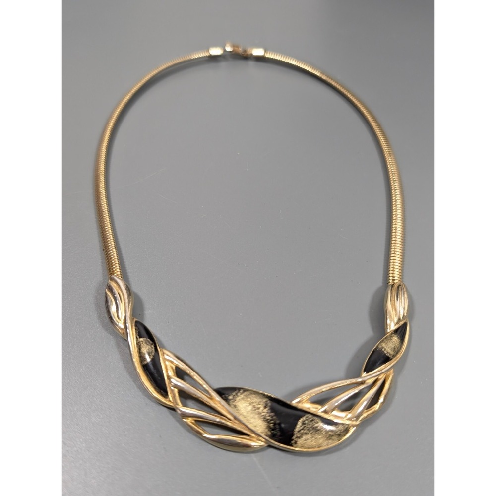 Vintage Gold Tone Omega Chain Necklace Black Enamel V Bar Statement 16" - Picture 2 of 11